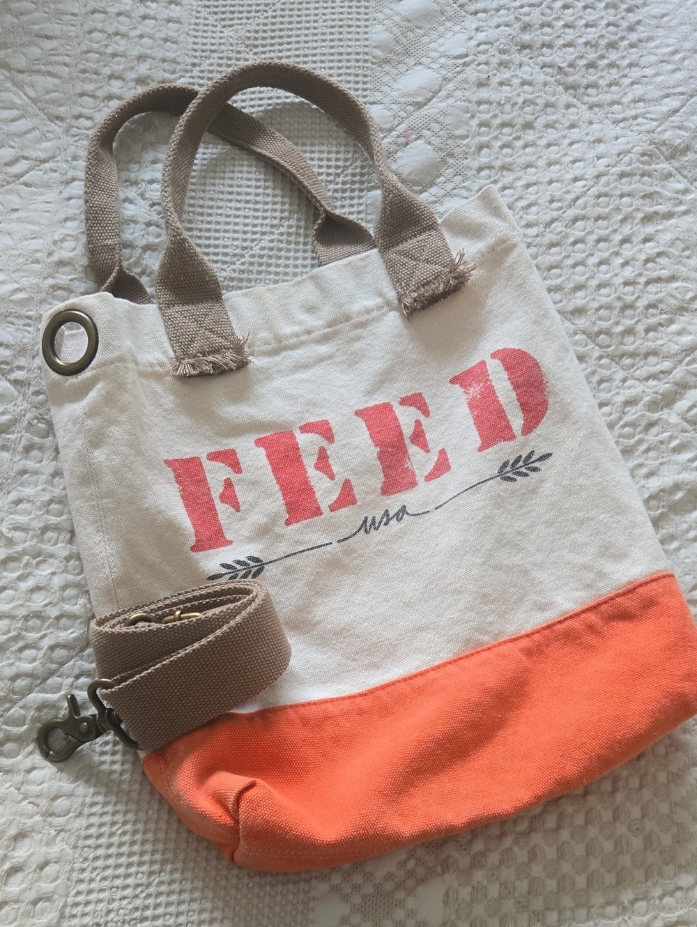 FEED USA Canvas Tote Bag in Cream and Orange